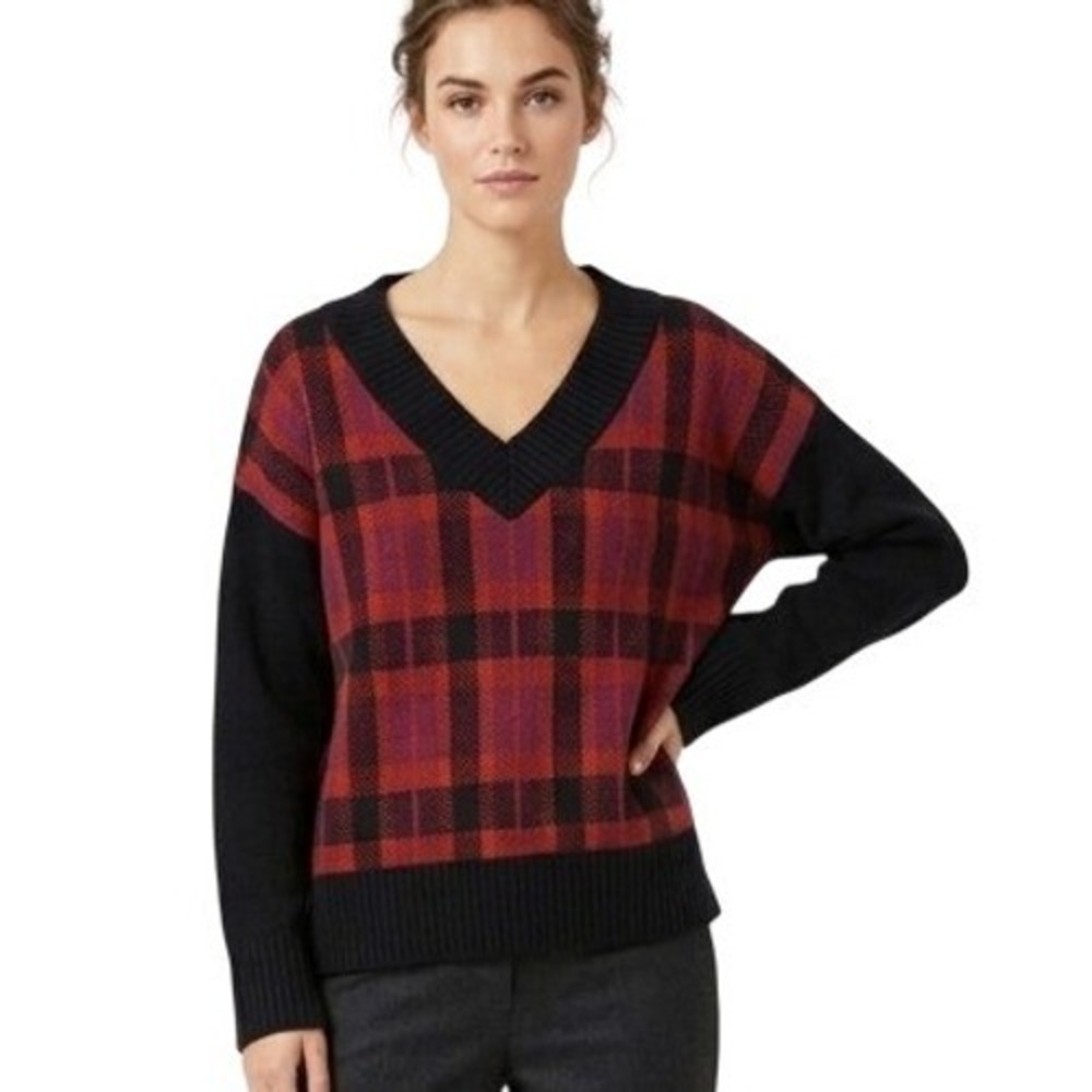 Christopher & Banks Sweater Womens P/XL Black Plaid V‎ Neck Knit Pullover Casual